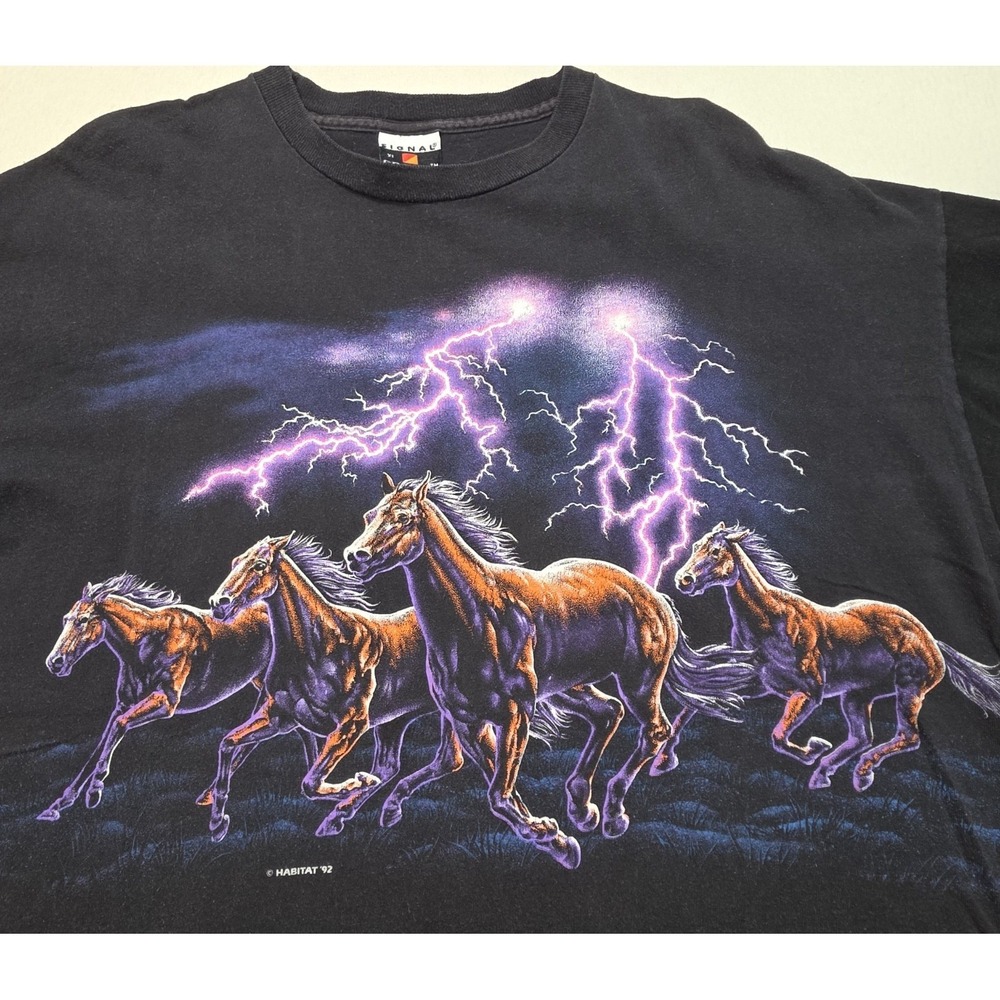 Rare Vintage 1992 Horses Lightning Graphic Habitat T Shirt USA Made Double Sided